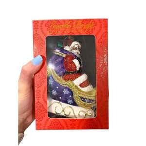 NIB Christopher Radko Sparkle Bright Ornament Santa In Blue Sleigh‎ Glitter